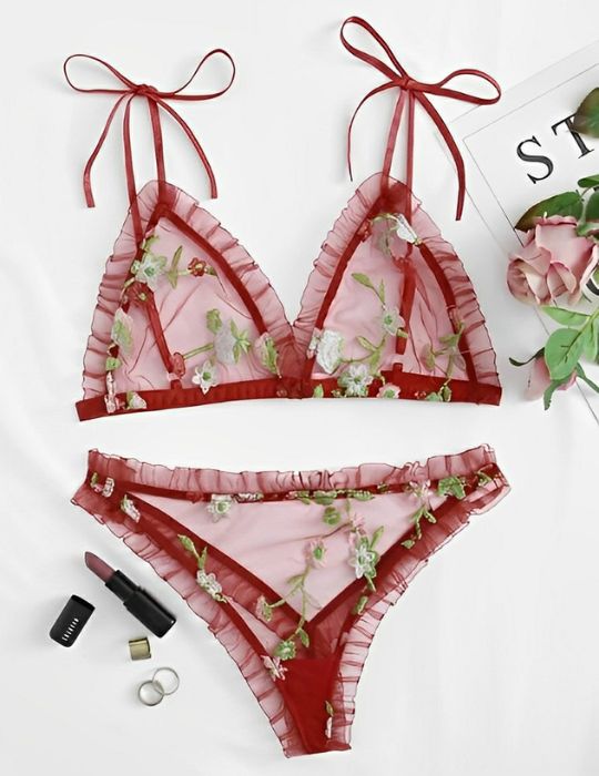 Red Net Lace Bra & Panty Set – Women’s Floral Embroidered Lingerie
